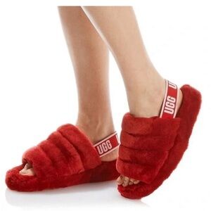 NEW Women’s UGG Fluff Yeah Fur Shearling Slide Slipper Sandal 1095119 Red 8US